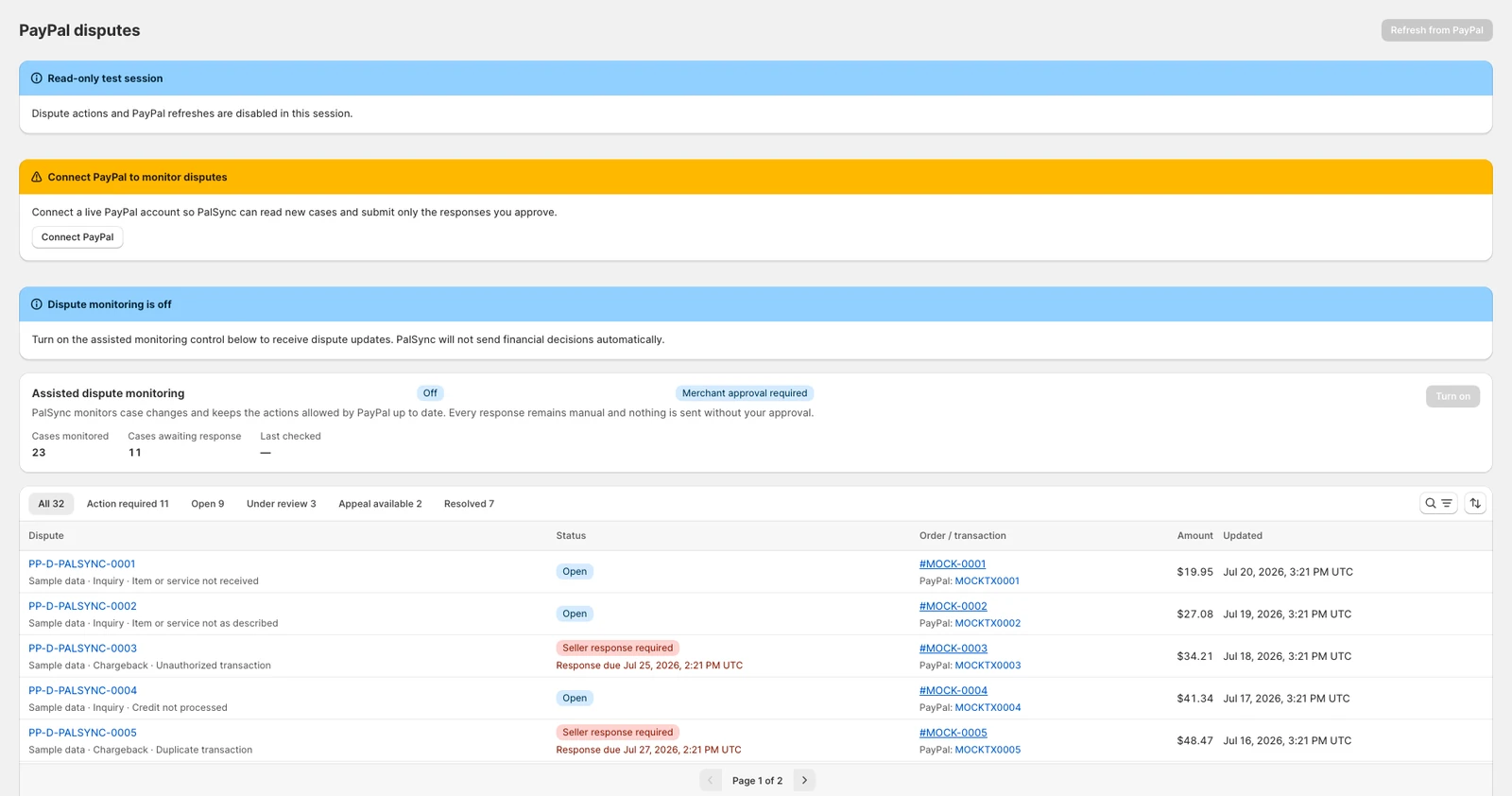 Respond to PayPal disputes with the order already in context in the current PalSync product using synthetic sample data