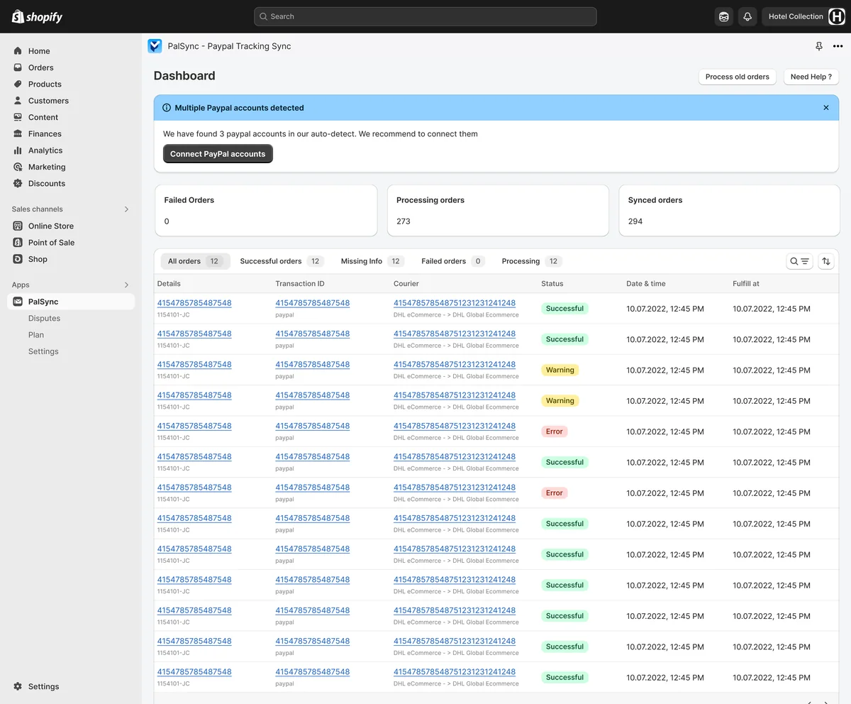 PalSync Dashboard mit PayPal-Sync-Status in Echtzeit
